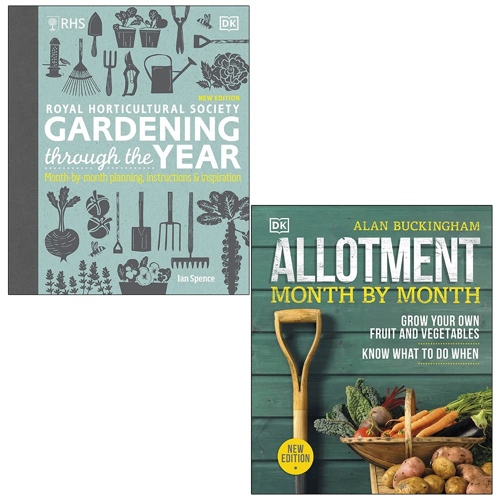 RHS Gardening Through the Year by Ian Spence and Allotment Month by Month by Alan Buckingham, 2 book hardcover gardening set, front covers