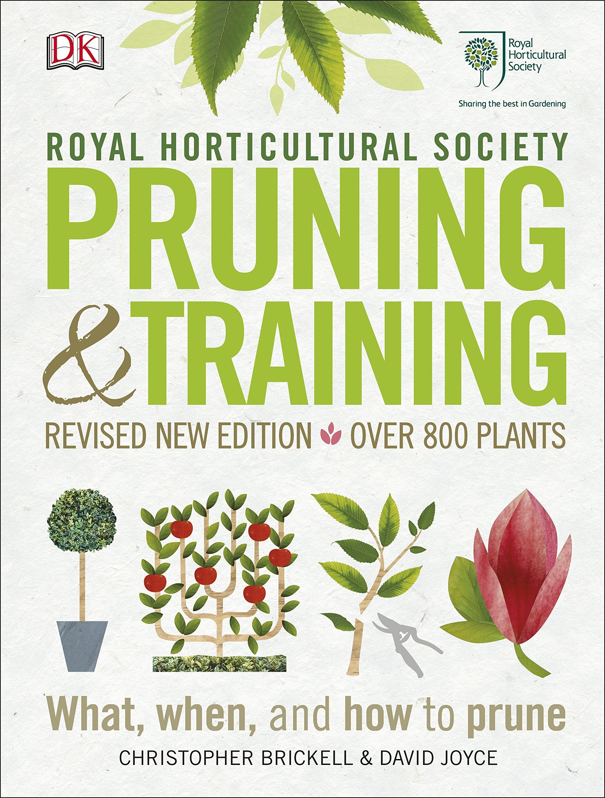 Front cover of RHS Pruning and Training hardcover by Christopher Brickell and David Joyce, showing pruning shears cutting a rose stem.