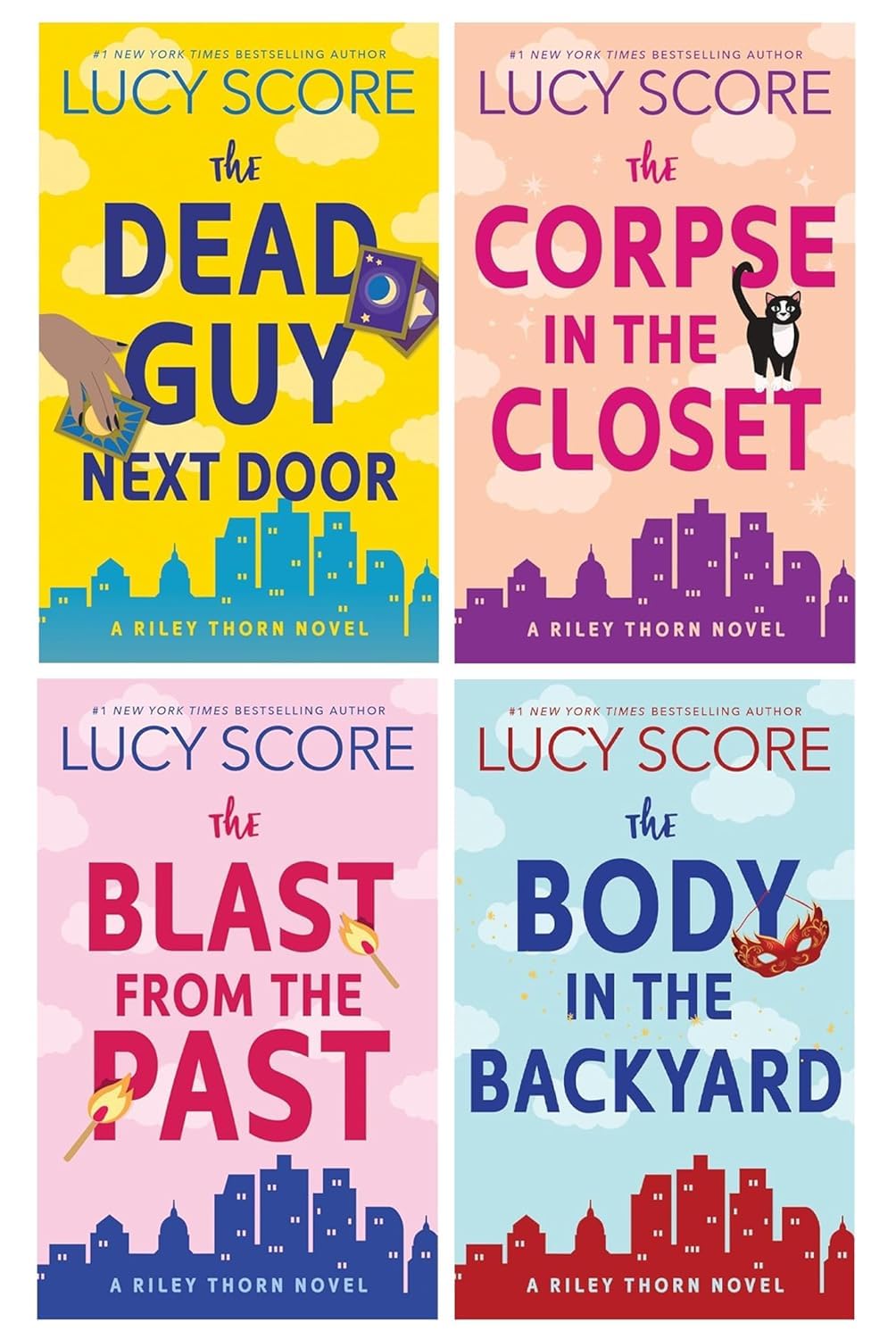 Riley Thorn Series by Lucy Score 4-book paperback collection set cover, Fiction mystery romance