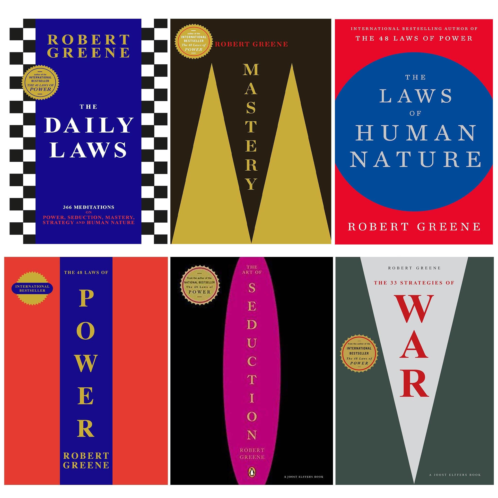 Robert Greene 6 Books Collection Set paperback front covers, including The 48 Laws of Power, Mastery, and The Laws of Human Nature