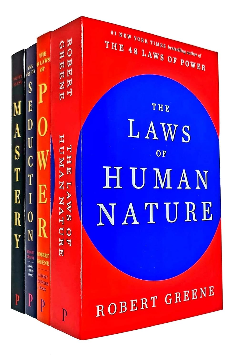 Robert Greene Collection 4 books paperback set featuring The Art of Seduction, Mastery, The Concise 48 Laws of Power, and The Laws of Human Nature, shown as a group of new paperback books.