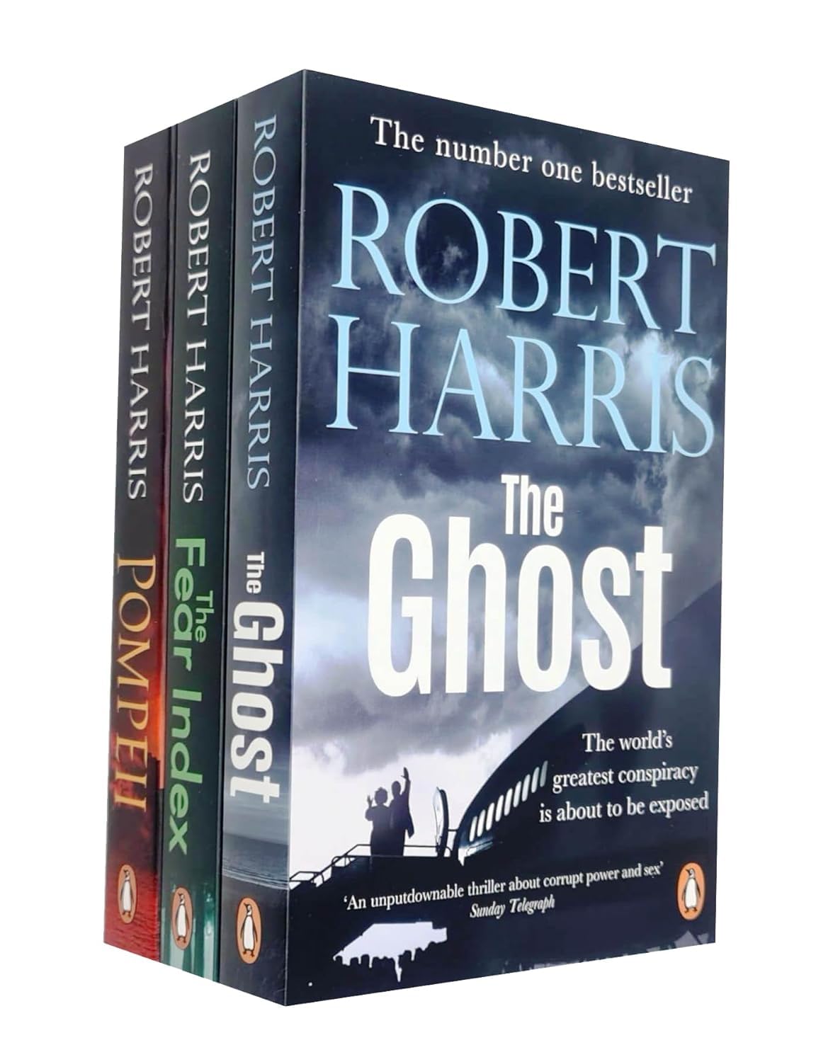 Front cover of the Robert Harris 3 Books Collection Set paperback featuring Pompeii, The Ghost, and The Fear Index