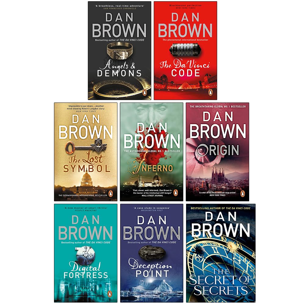 Robert Langdon Series by Dan Brown 8-book collection set — the full set of all 8 Robert Langdon books fanned out, showing front covers.