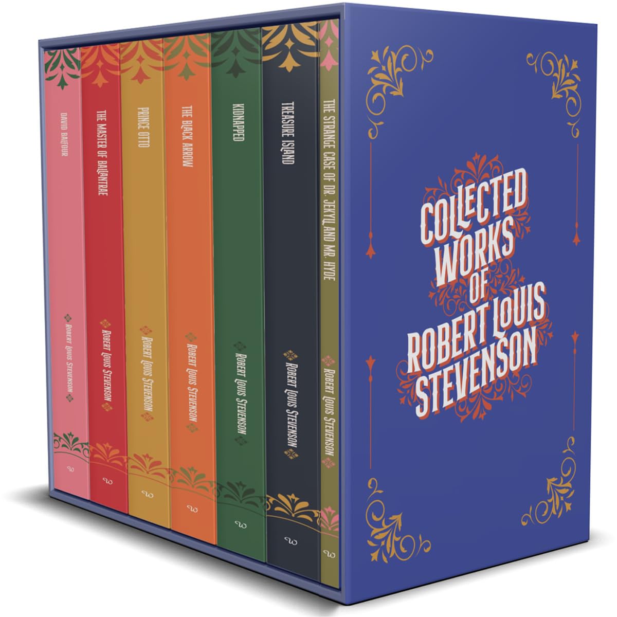 Front cover of Robert Louis Stevenson Collected Works 7 Books Collection Set, paperback, featuring Treasure Island and Kidnapped