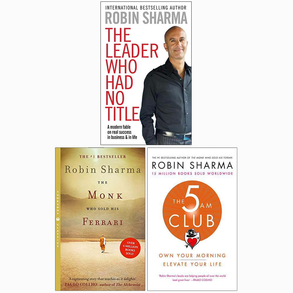 Robin Sharma Collection 3 Books Set paperback front cover featuring The Leader Who Had No Title, The Monk Who Sold His Ferrari, and The 5 AM Club