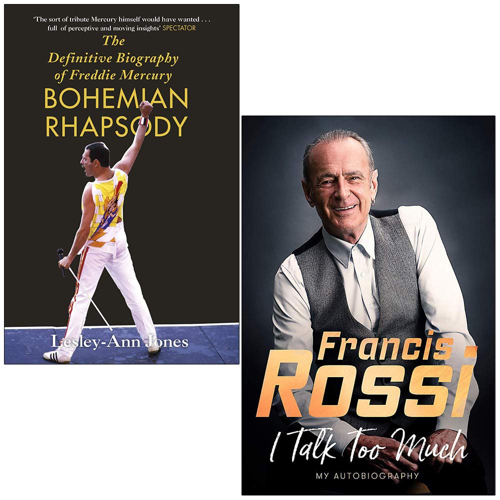 Front cover of the Rock Legends Biographies Collection 2-book paperback set featuring Bohemian Rhapsody by Lesley-Ann Jones and I Talk Too Much by Francis Rossi