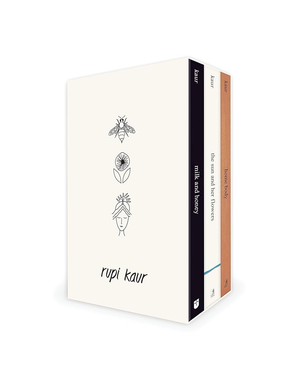 Rupi Kaur Trilogy 3-book paperback box set cover featuring Milk and Honey, The Sun and Her Flowers, and Home Body by Rupi Kaur