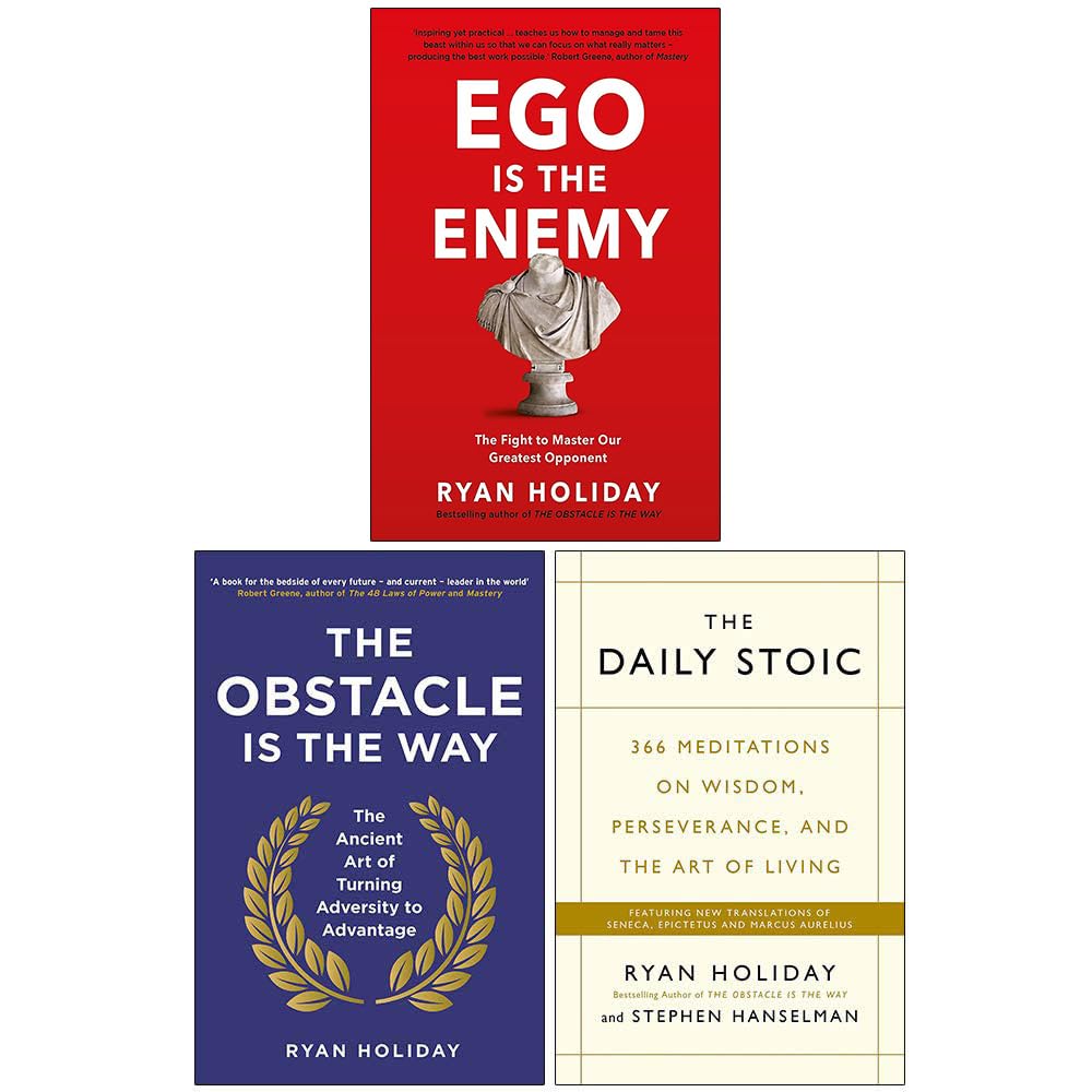 Front covers of the Ryan Holiday 3 Books Collection Set featuring Ego Is the Enemy, The Obstacle Is the Way, and The Daily Stoic paperbacks arranged on a table