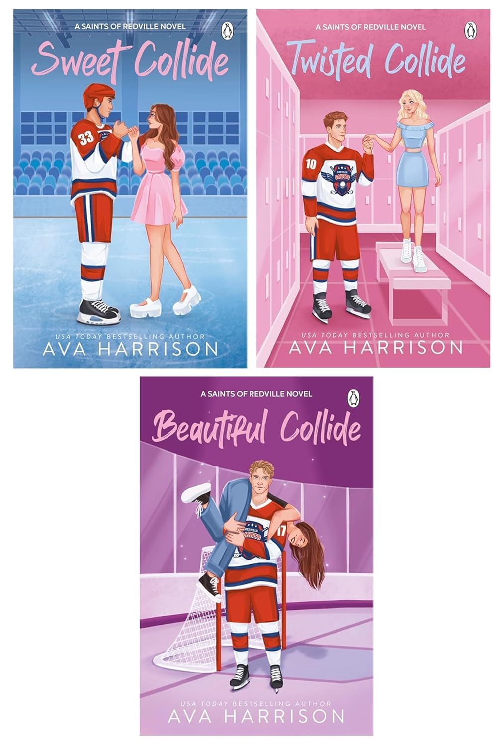 Saints of Redville 3 Books Collection Set by Ava Harrison - paperback front covers of Sweet Collide, Twisted Collide, and Beautiful Collide hockey romance novels