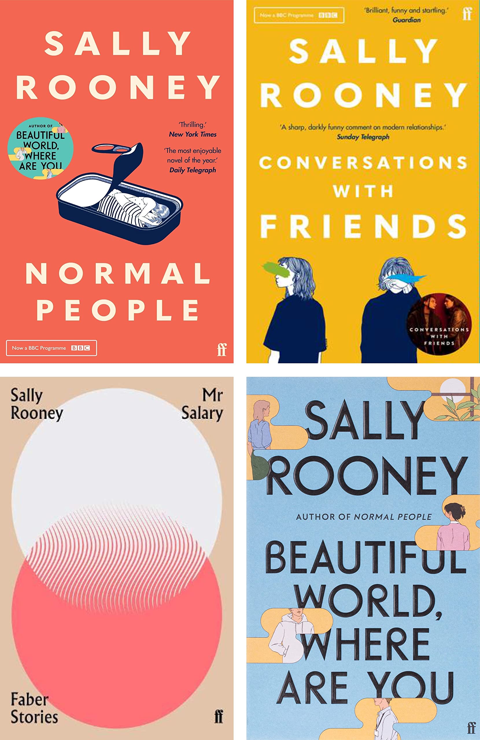 Sally Rooney 4 book paperback collection set displayed together on a wooden surface with a cozy backdrop.