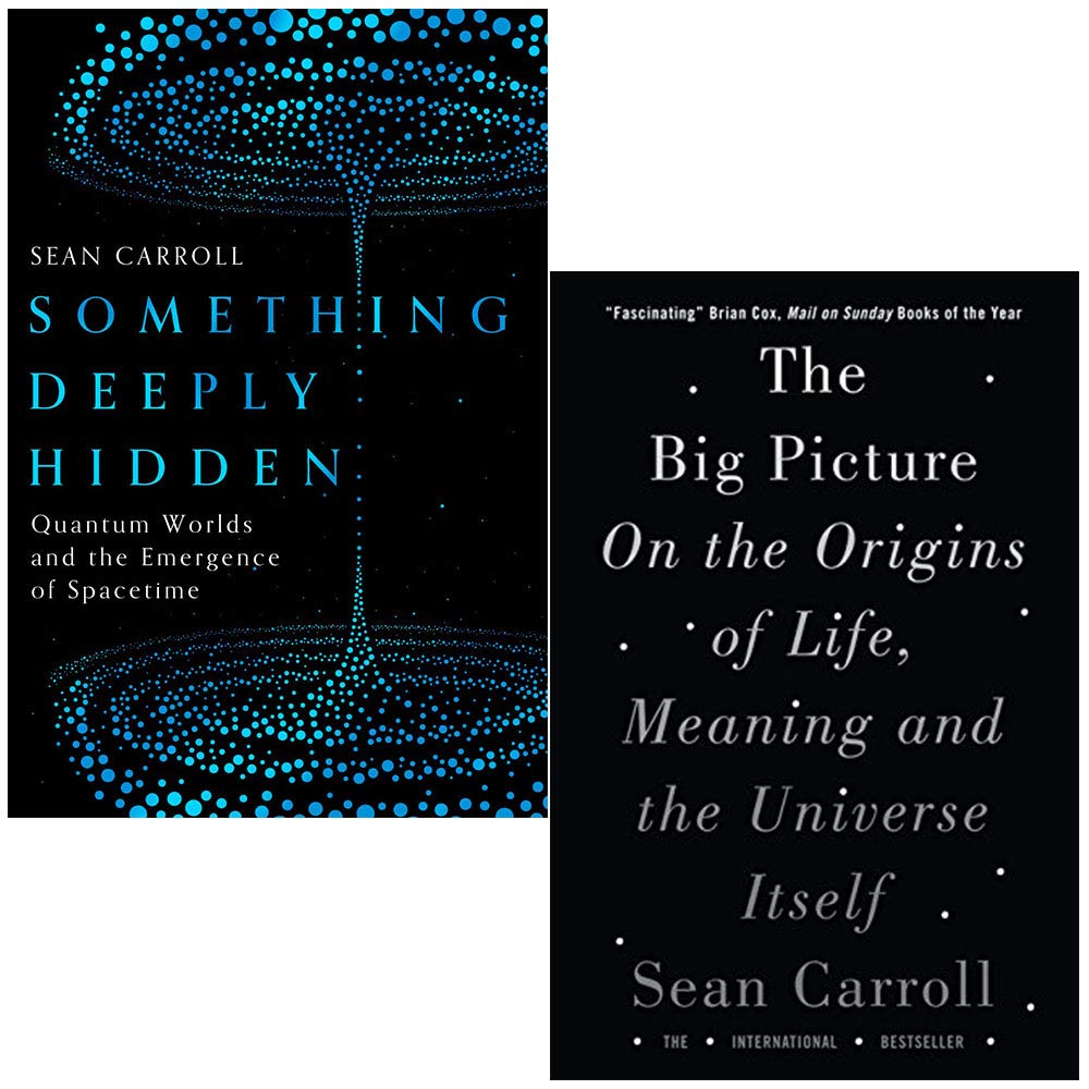 Front cover of Sean Carroll's 2 book paperback set featuring Something Deeply Hidden and The Big Picture non-fiction physics titles