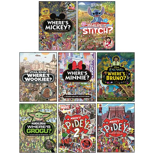 Front covers of all eight Search and Find paperback books featuring Disney, Marvel, and Star Wars characters, ages 3-7.