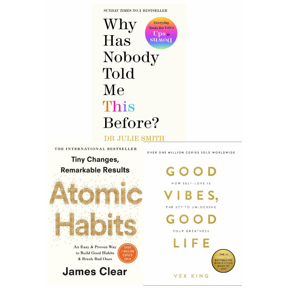 Self-help 3-book paperback collection set featuring Why Has Nobody Told Me This Before? by Julie Smith, Atomic Habits by James Clear, and Good Vibes, Good Life by Vex King, front cover view