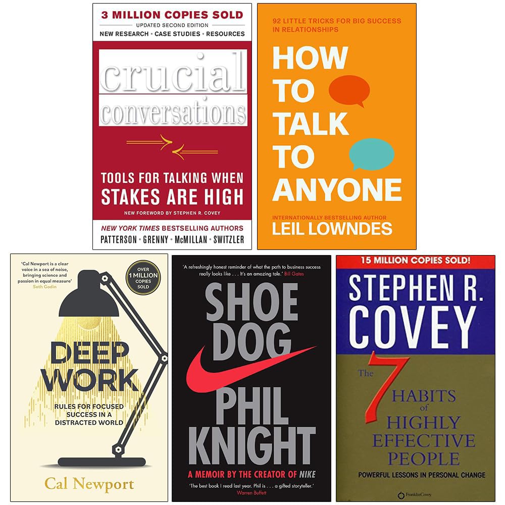 Self Improvement Essentials 5 Books Collection Set paperback front cover featuring Crucial Conversations, How to Talk to Anyone, Deep Work, Shoe Dog and The 7 Habits of Highly Effective People