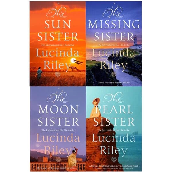 Front cover view of The Seven Sisters 4 Books Collection Set by Lucinda Riley in paperback, showing The Pearl Sister, The Moon Sister, The Sun Sister, and The Missing Sister.