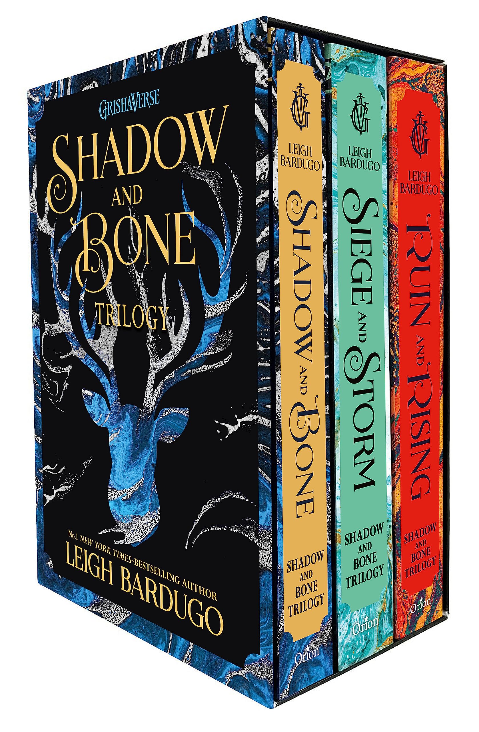 Shadow and Bone Trilogy by Leigh Bardugo paperback box set cover, showing all three Grishaverse books: Shadow and Bone, Siege and Storm, and Ruin and Rising