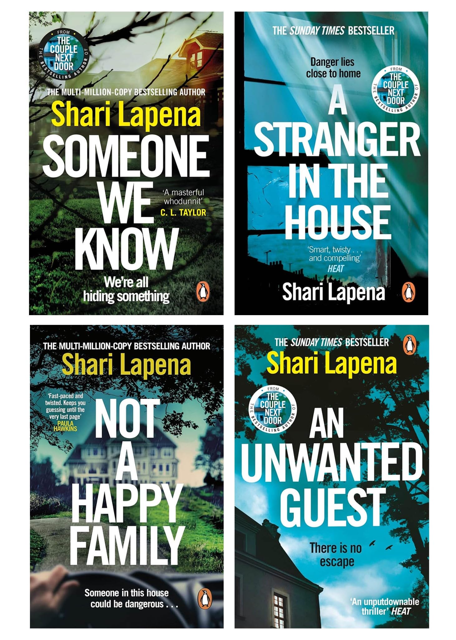 Shari Lapena 4 Books Collection Set paperback front cover featuring A Stranger in the House, An Unwanted Guest, Someone We Know, and Not a Happy Family
