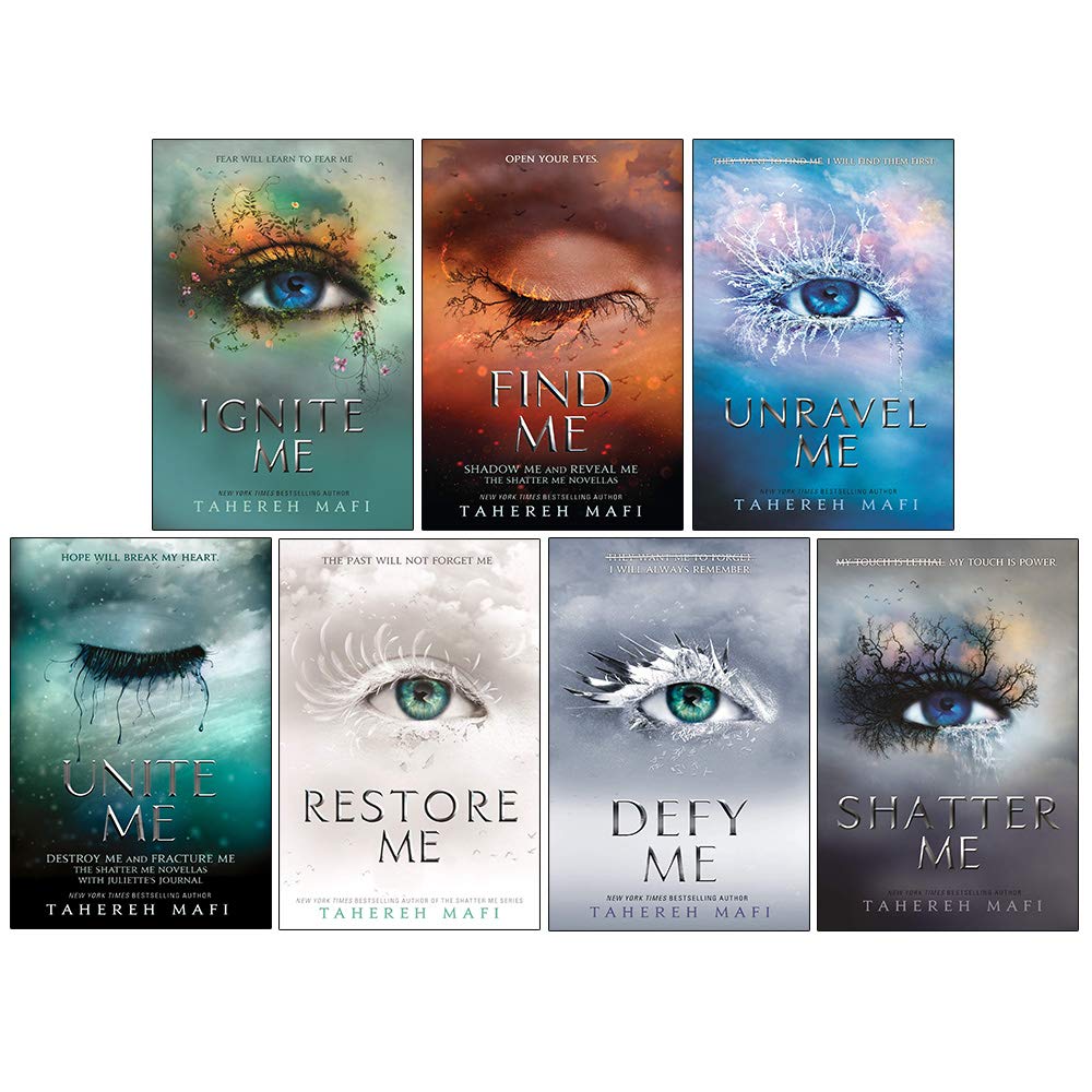 Front covers of all seven Shatter Me series paperback books by Tahereh Mafi, stacked together as a young adult collection set.