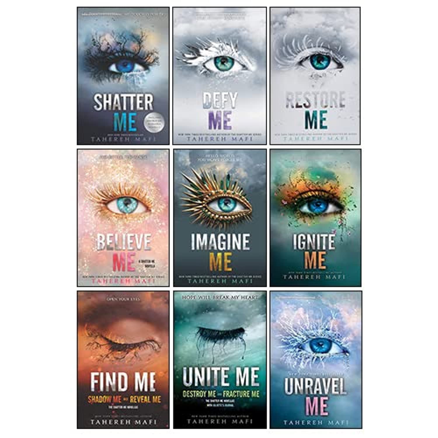 Front cover view of the full Shatter Me 9-book paperback set by Tahereh Mafi, young adult fiction.