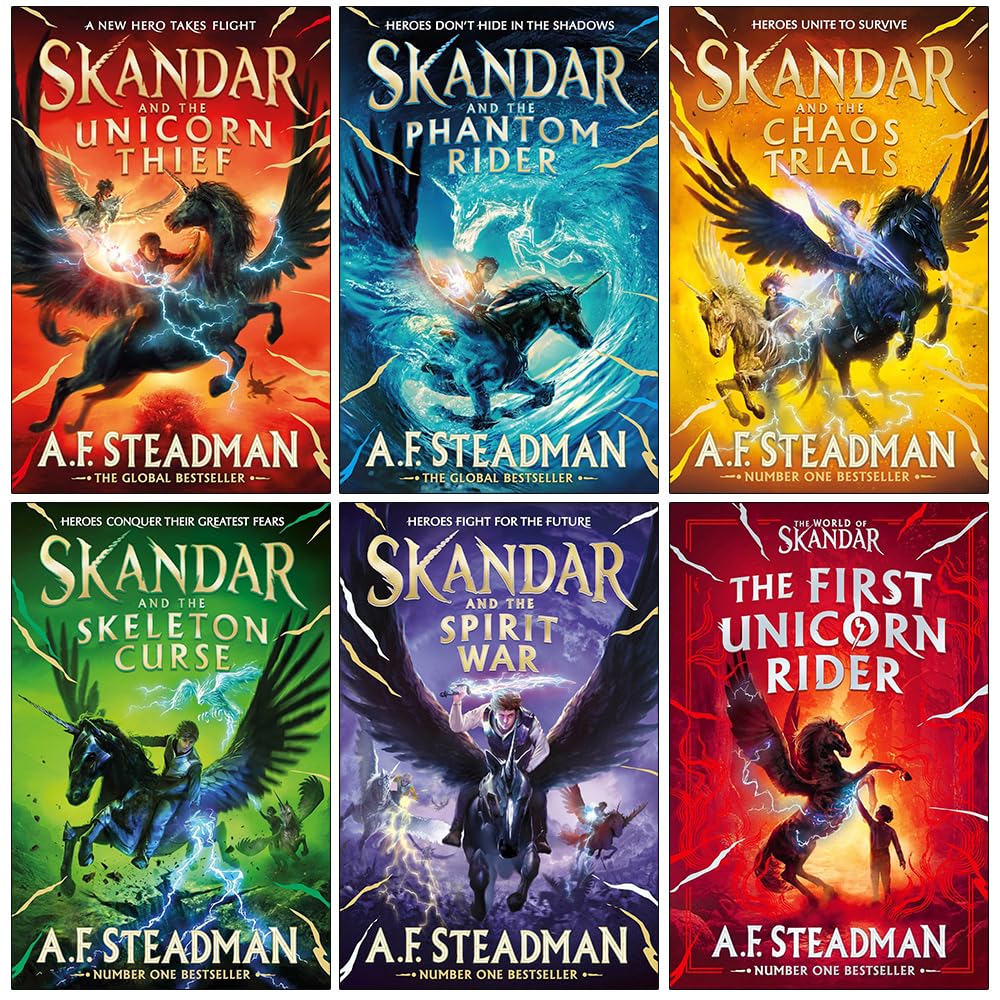 Skandar Series 6 books collection set by A.F. Steadman, front covers of all six unicorn fantasy books fanned out together.