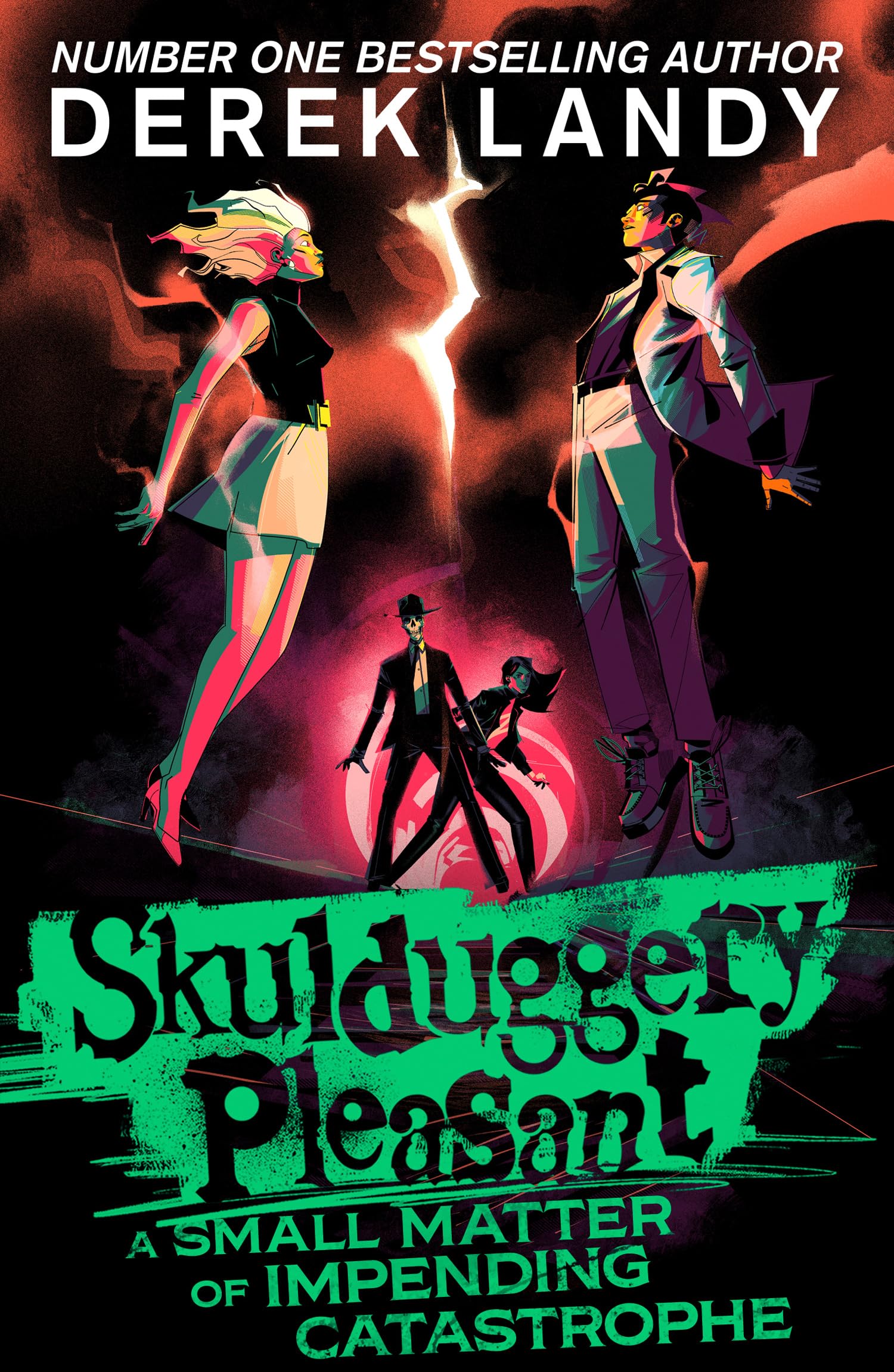 Front cover of Skulduggery Pleasant: A Small Matter of Impending Catastrophe hardcover by Derek Landy, Young Adult fantasy novel