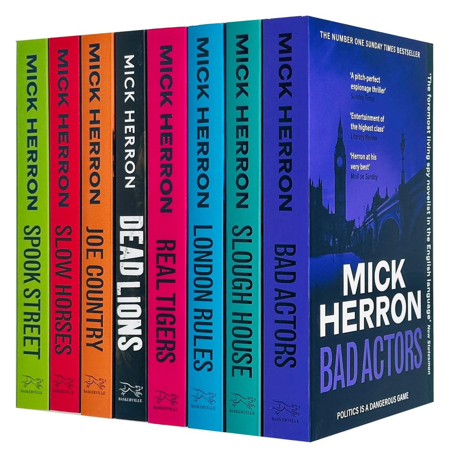 Full front-cover view of all 8 Slough House series paperbacks by Mick Herron fanned out to show every title.
