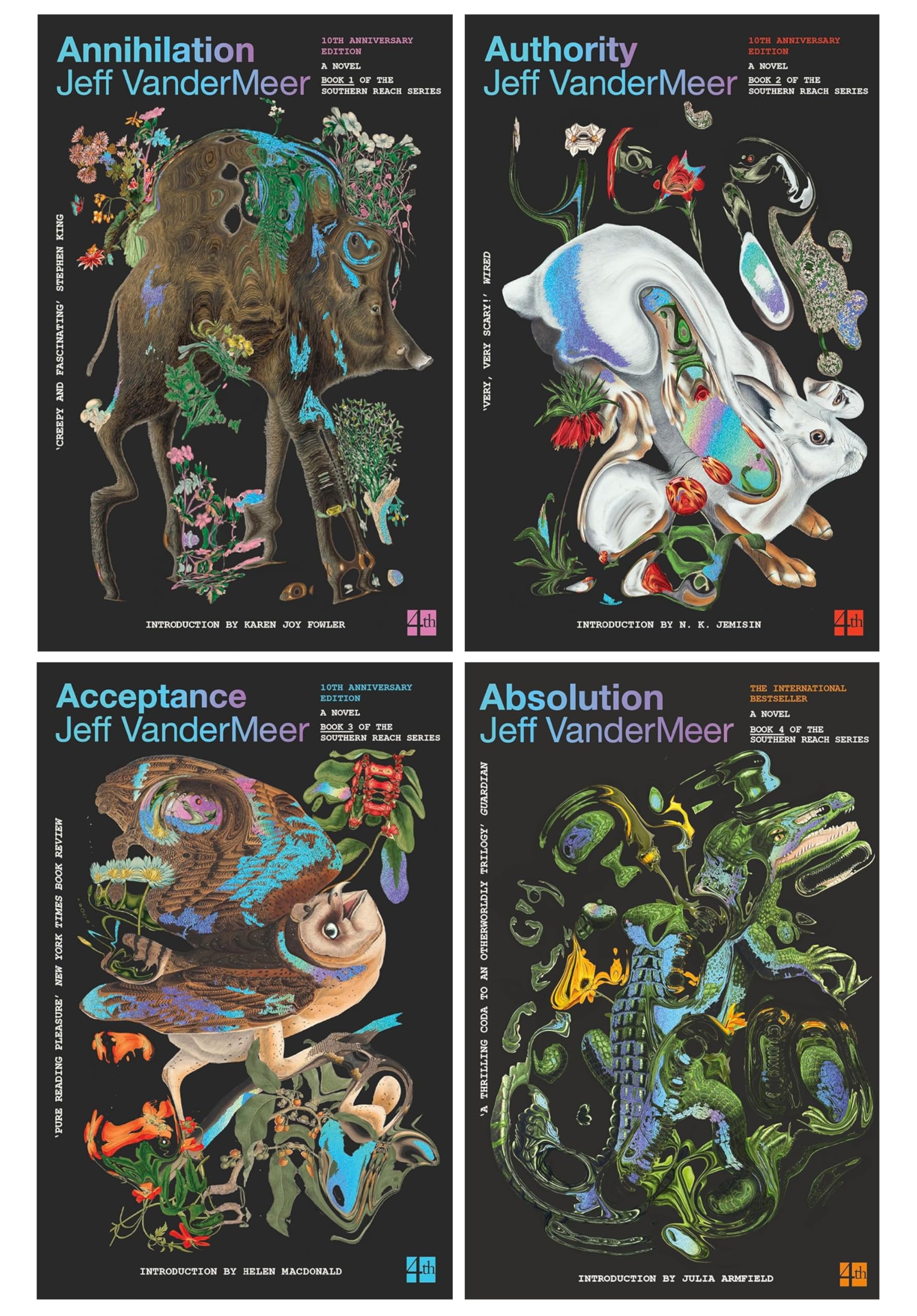 Southern Reach Series by Jeff VanderMeer 4-book paperback collection set front covers, featuring Annihilation, Authority, Acceptance, and Absolution