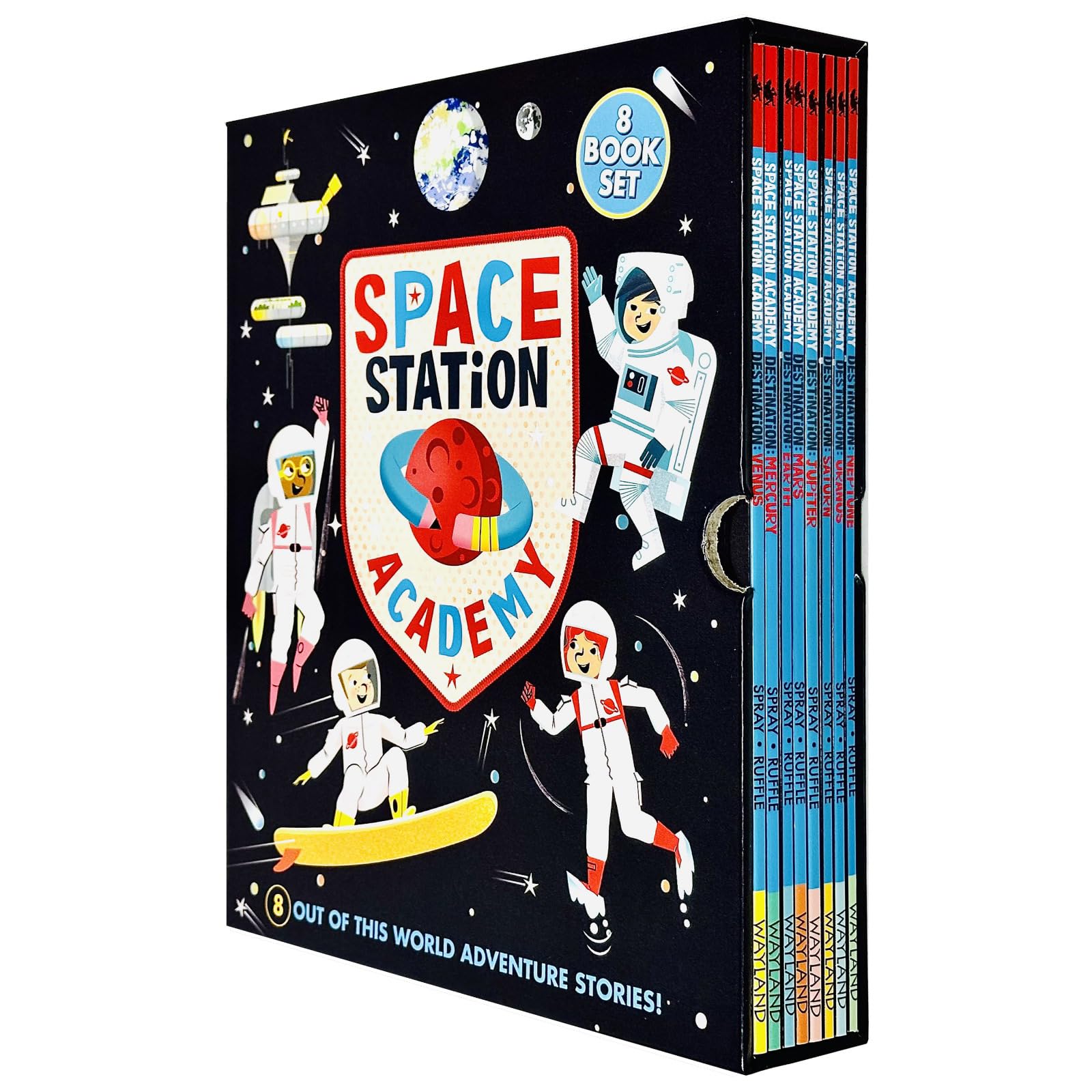 Space Station Academy 8-book paperback collection set by Sally Spray, front cover of Destination Venus showing the academy crew