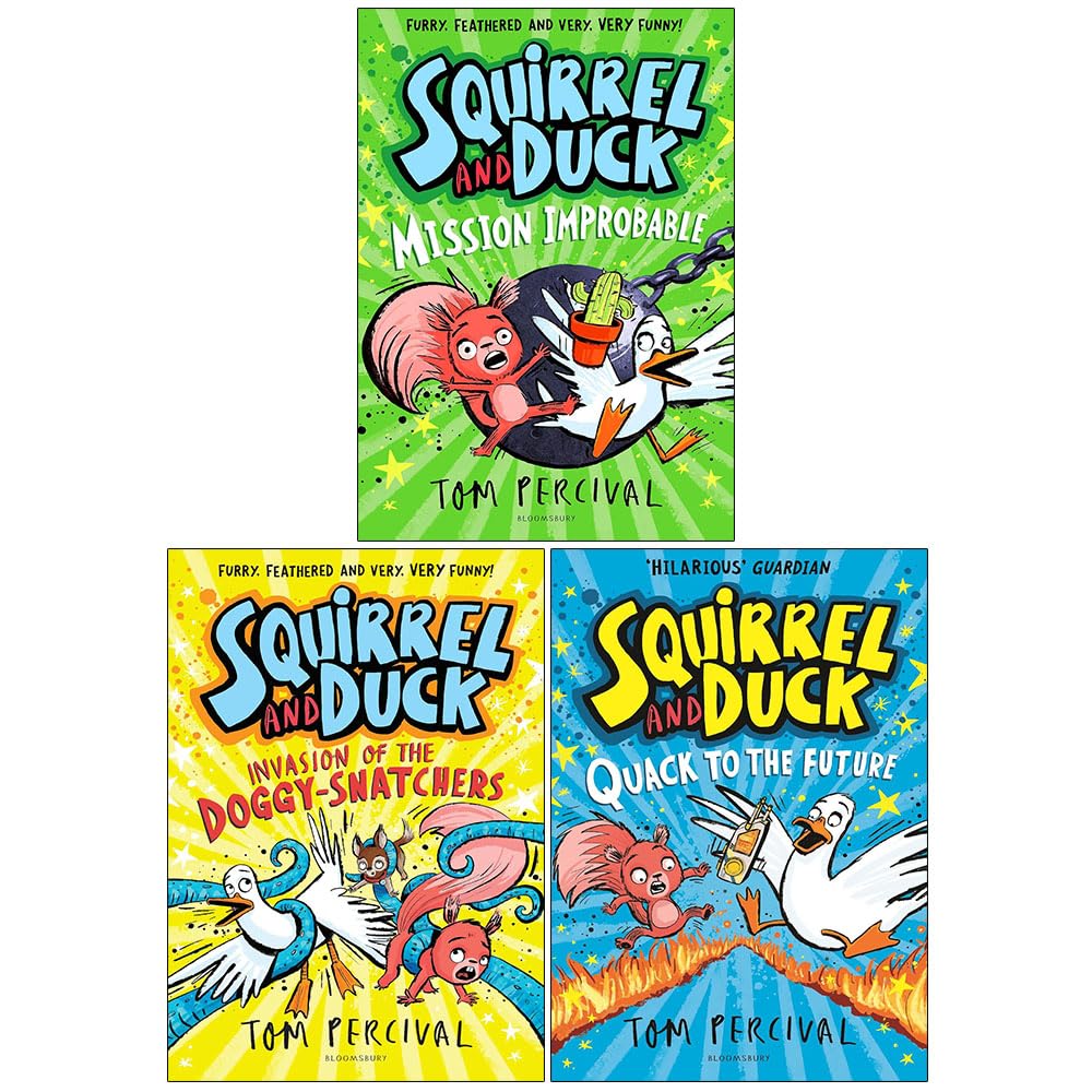 Front cover of Squirrel and Duck 3-book paperback set by Tom Percival featuring Mission Improbable, Invasion of the Doggy-Snatchers, and Quack to the Future