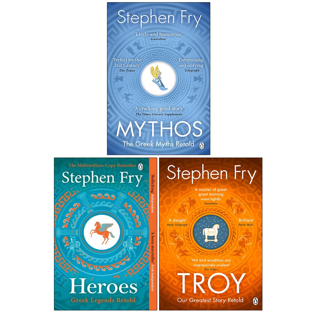 Stephen Fry Greek Myths 3 book paperback collection set featuring Mythos, Heroes, and Troy front covers