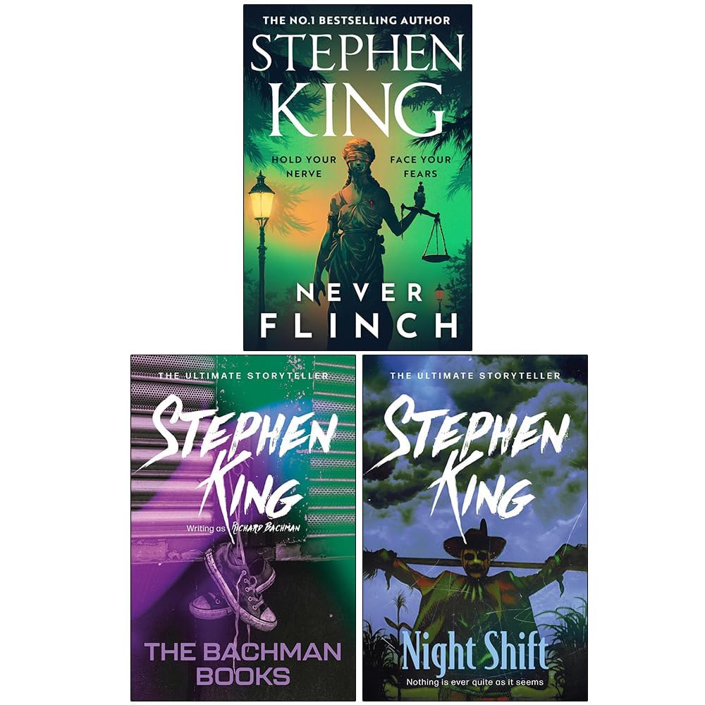 Front cover of the Stephen King 3 Books Collection Set paperback bundle featuring Never Flinch, The Bachman Books, and Night Shift