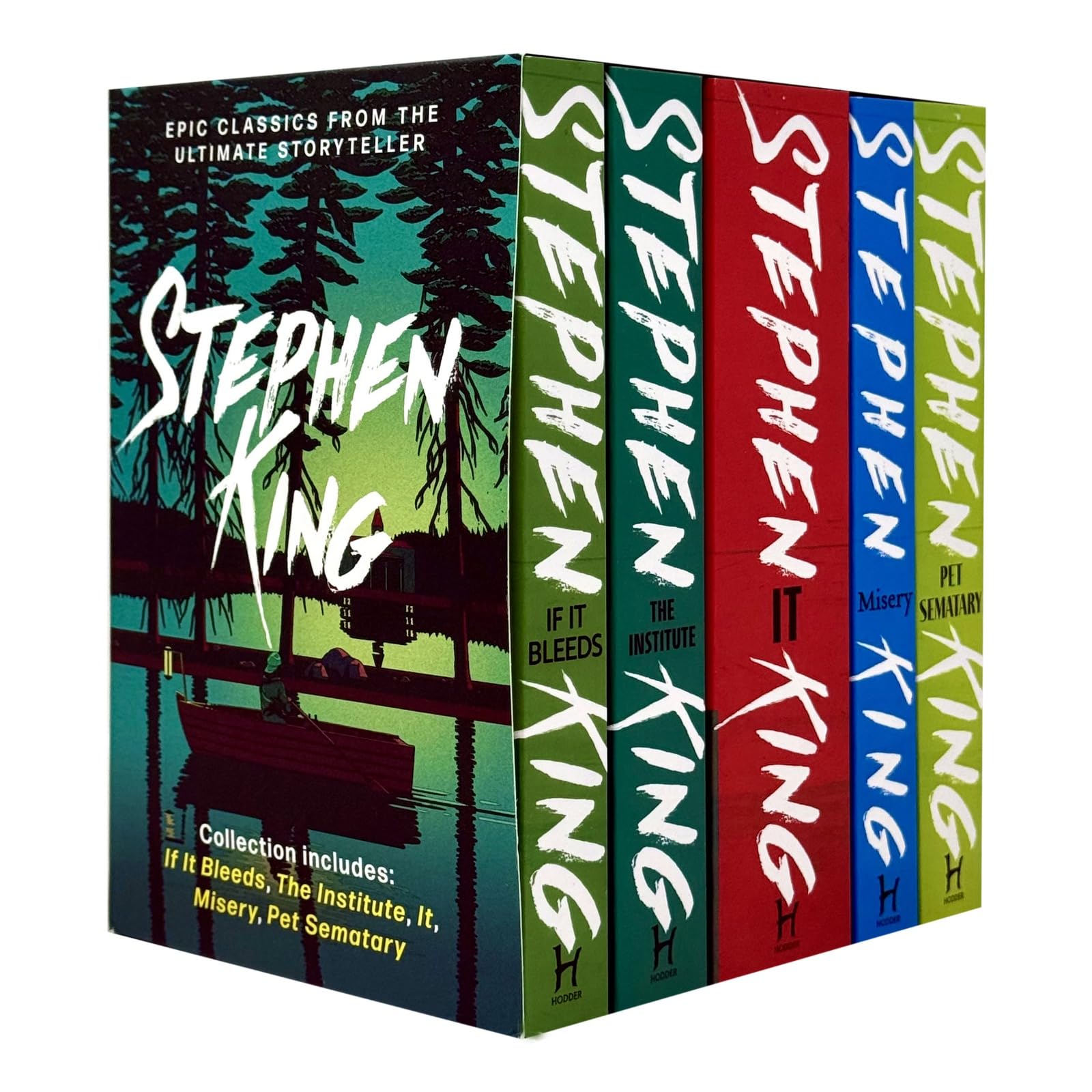 Front cover of the Stephen King Classic Collection 5-book paperback box set featuring IT, Misery, Pet Sematary, The Institute, and If It Bleeds.