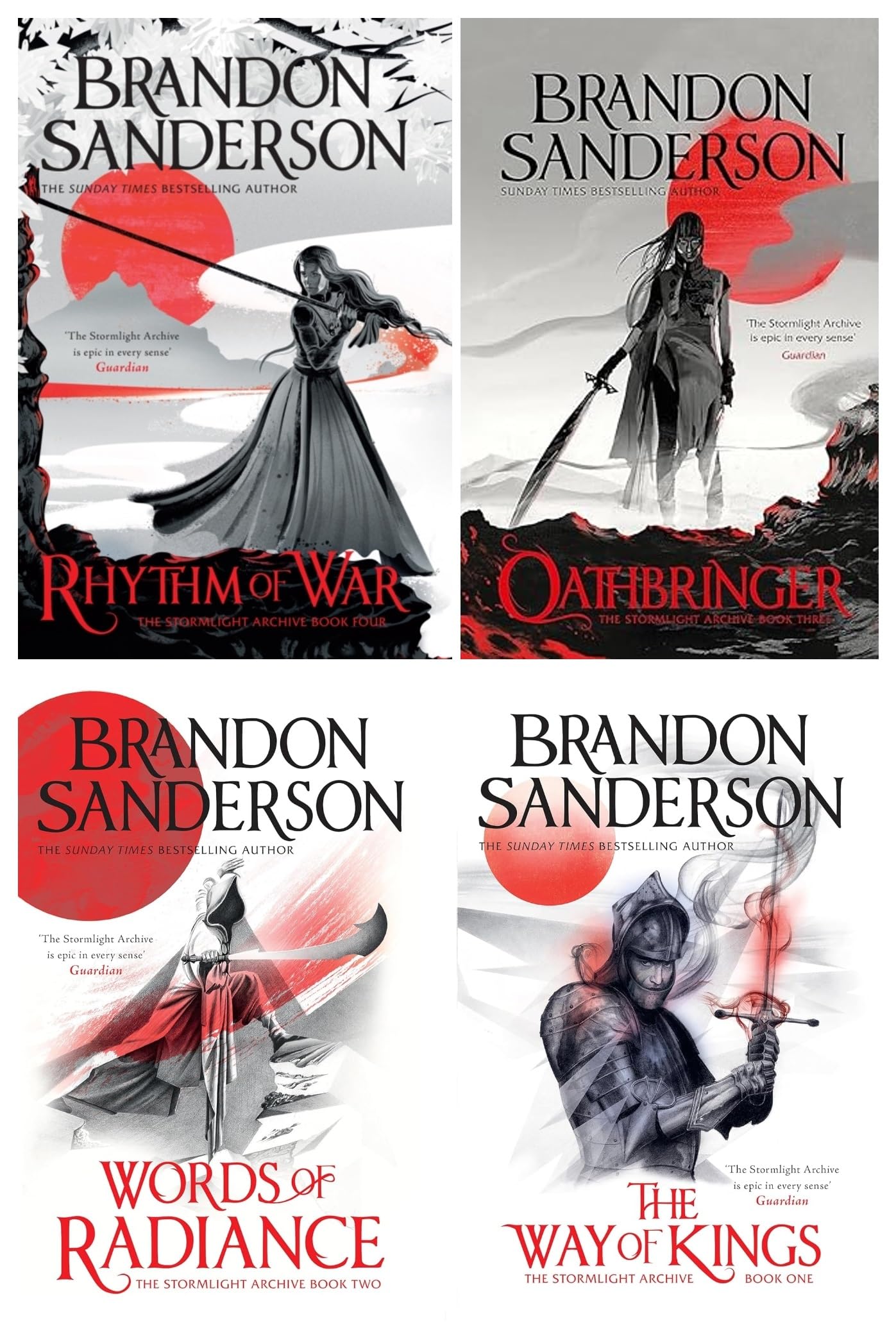 The Stormlight Archive by Brandon Sanderson 4 books collection set paperback front cover, featuring The Way of Kings, Words of Radiance, Oathbringer, and Rhythm of War