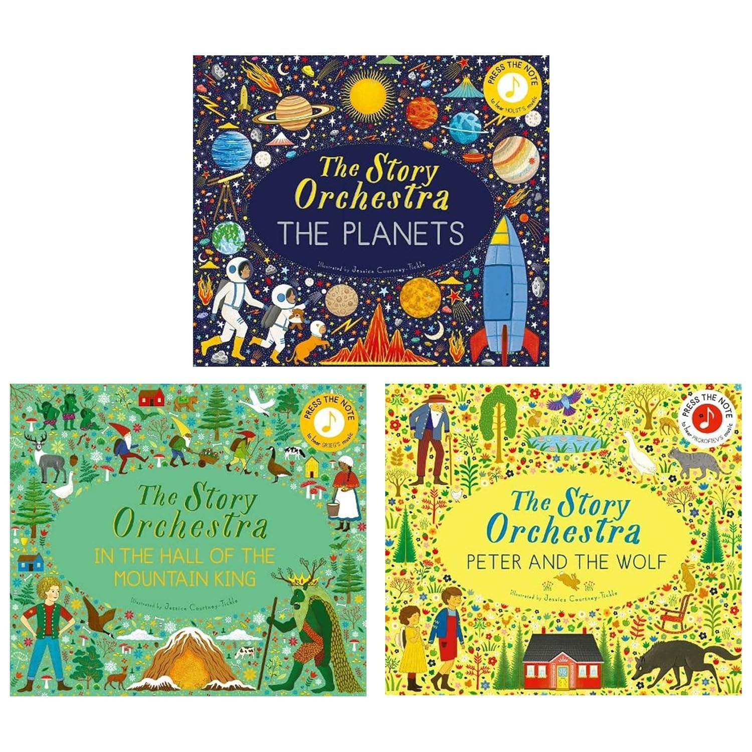 The Story Orchestra 3-book hardcover set by Jessica Courtney-Tickle for ages 3-7, front covers shown together on a colorful background.