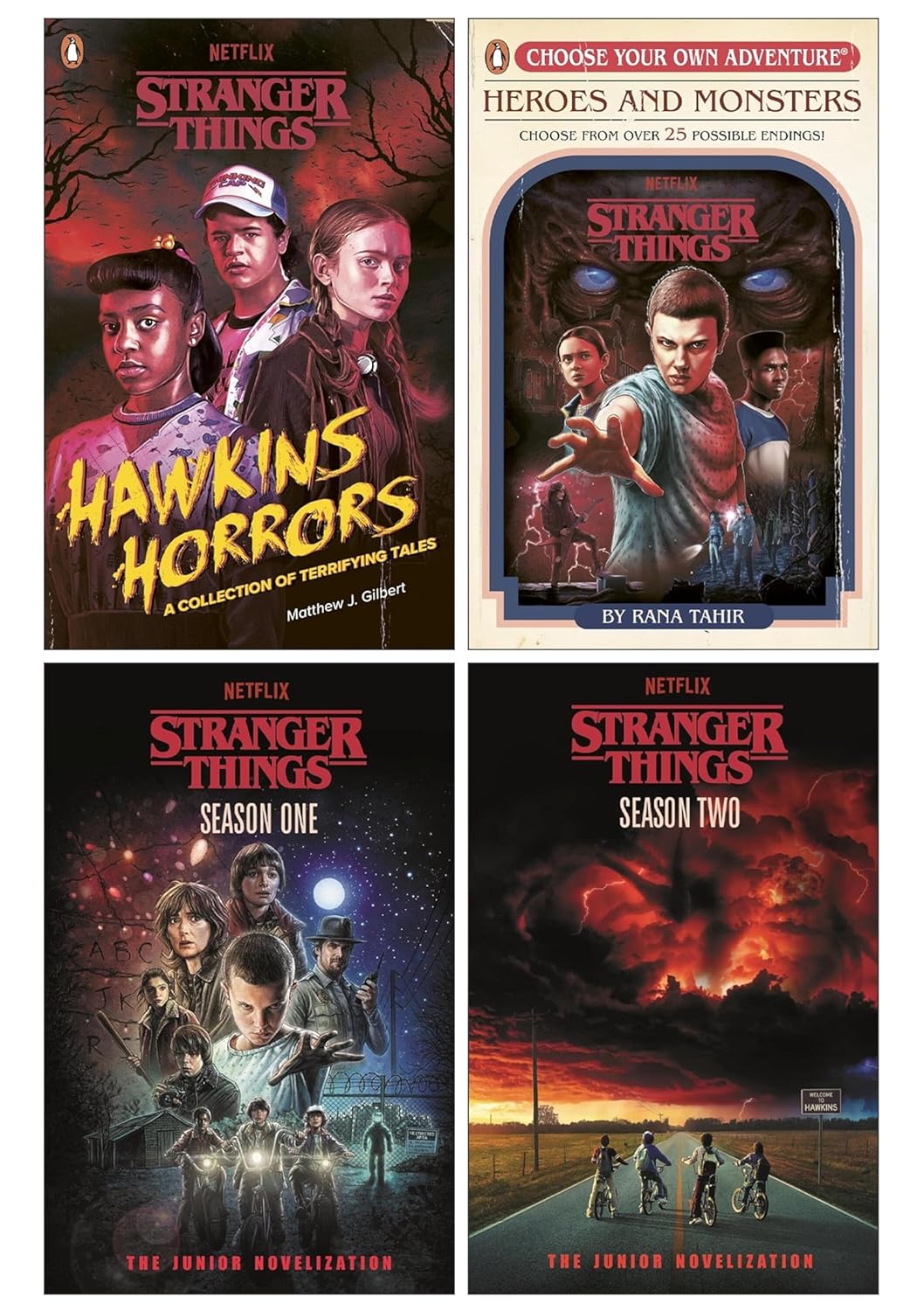 Stranger Things 4 Books Collection Set paperback front covers featuring Hawkins Horrors, Heroes and Monsters, and Season One and Two junior novelizations
