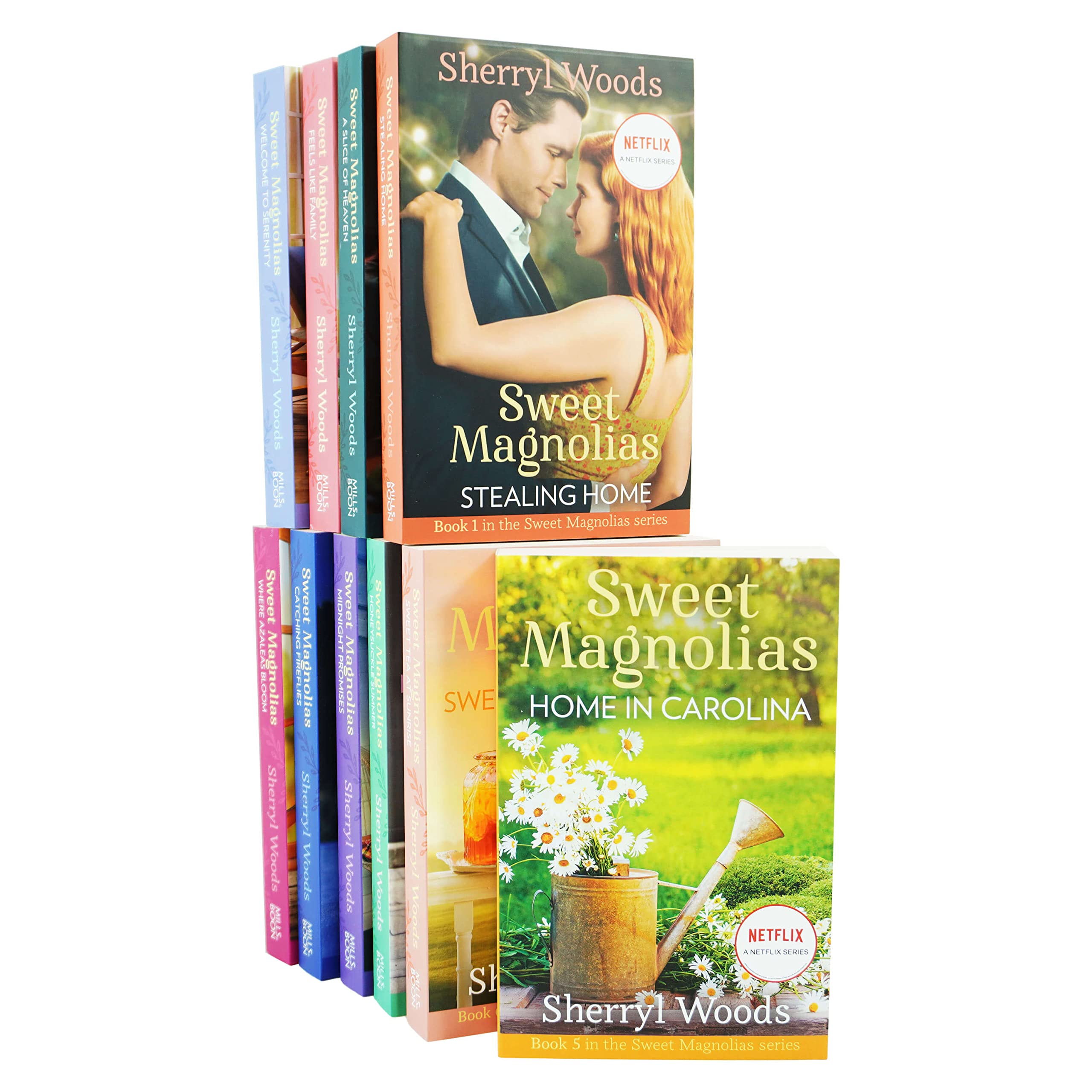 Front cover view of the Sweet Magnolias 10-book paperback collection set by Sherryl Woods, Netflix-inspired fiction series.