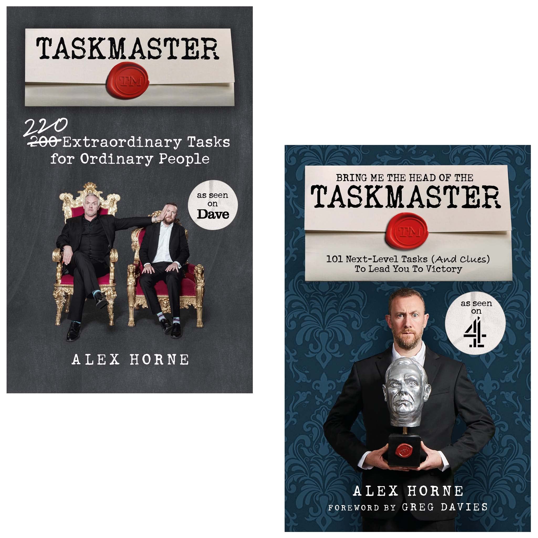 Taskmaster 2 books collection set by Alex Horne, paperback front covers of Taskmaster: 220 Extraordinary Tasks for Ordinary People and Bring Me The Head Of The Taskmaster