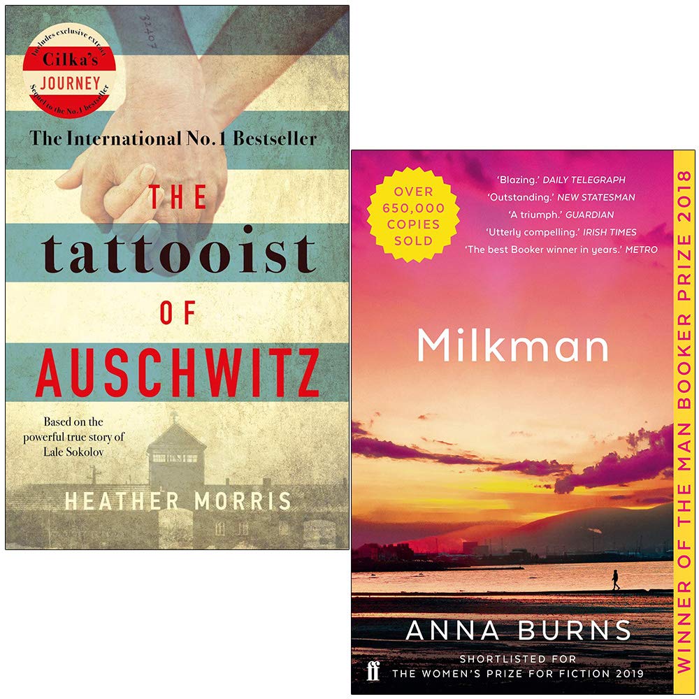 Front covers of The Tattooist of Auschwitz by Heather Morris and Milkman by Anna Burns, 2 books paperback fiction collection set