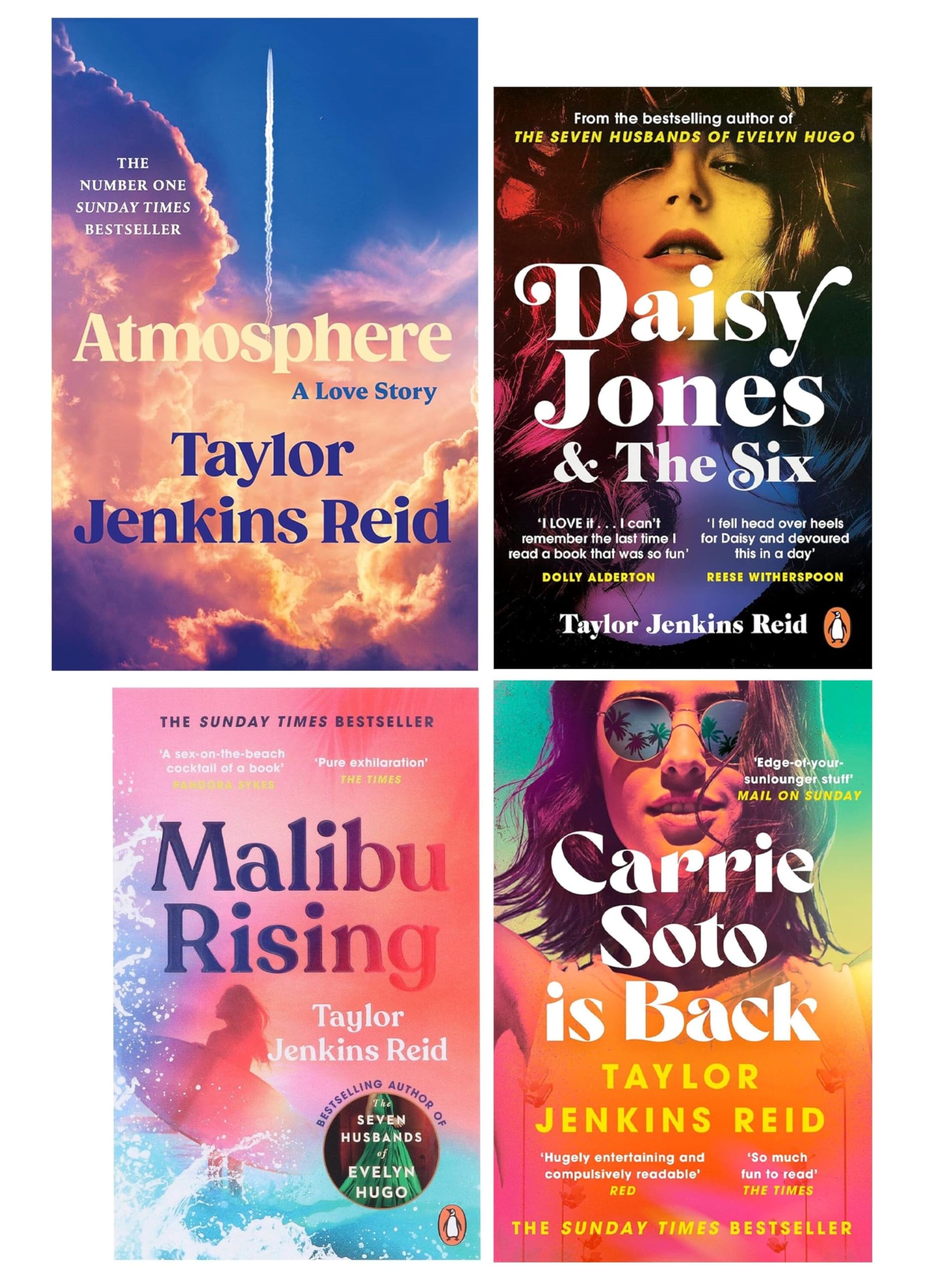 Taylor Jenkins Reid 4-book collection set cover art featuring Atmosphere, Carrie Soto Is Back, Malibu Rising, and Daisy Jones & The Six