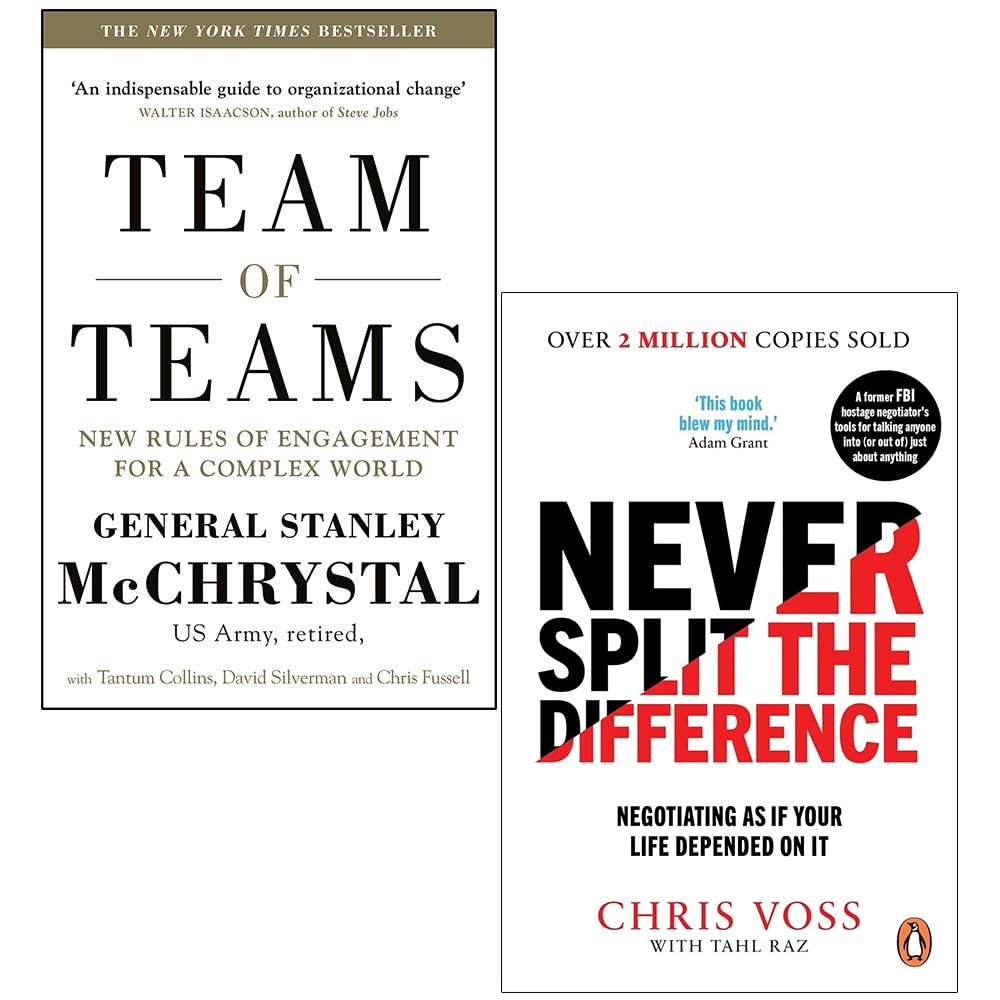 Front covers of Team of Teams by Stanley McChrystal and Never Split the Difference by Chris Voss, paperback 2-book leadership set
