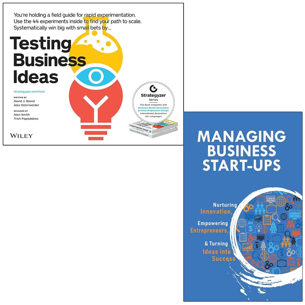 Front covers of Testing Business Ideas and Managing Business Start-Ups paperback books by David J. Bland, Alexander Osterwalder, and V.K. Stevin