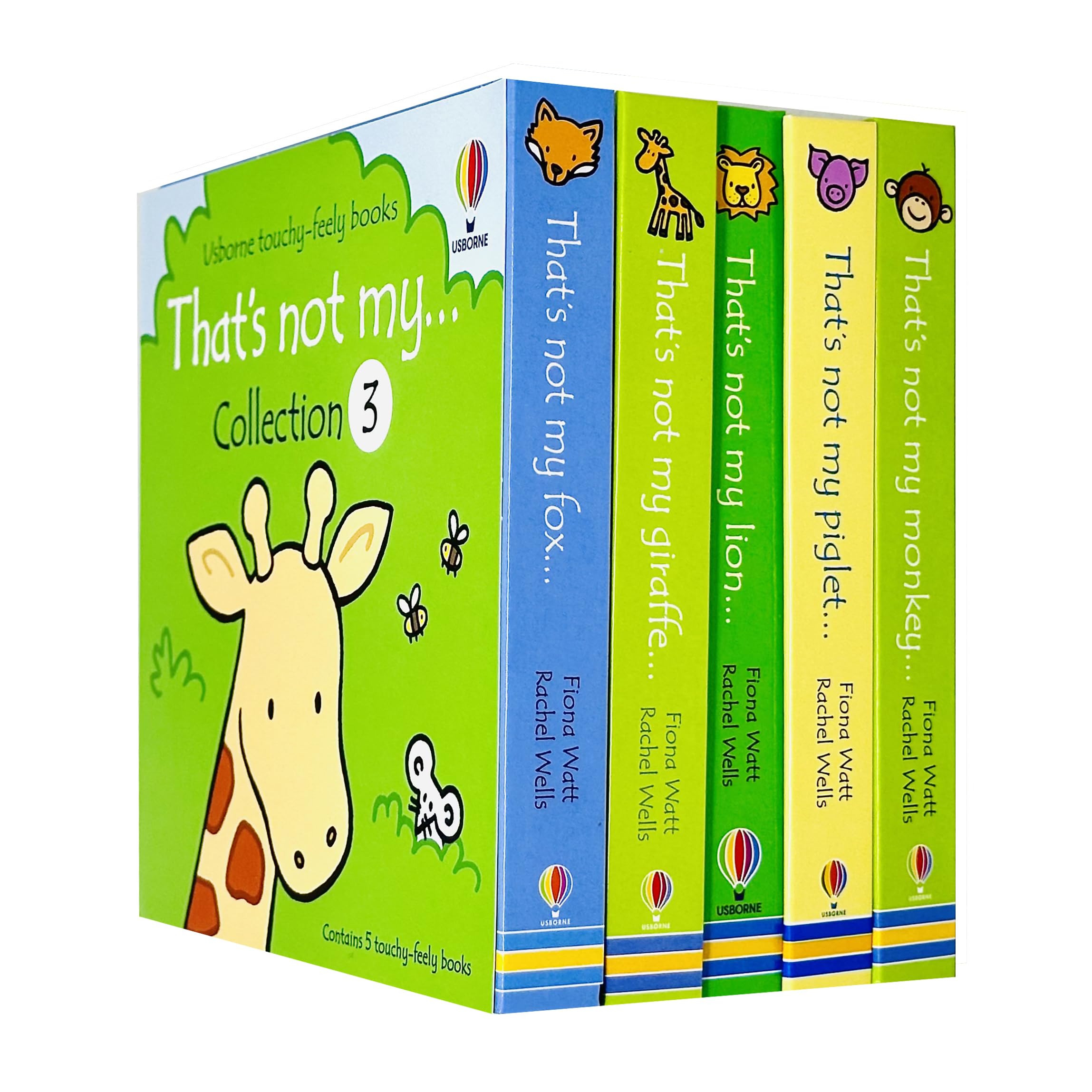 That's Not My Collection 3 by Fiona Watt - front cover of the 5-book board book box set featuring Fox, Giraffe, Lion, Piglet, and Monkey