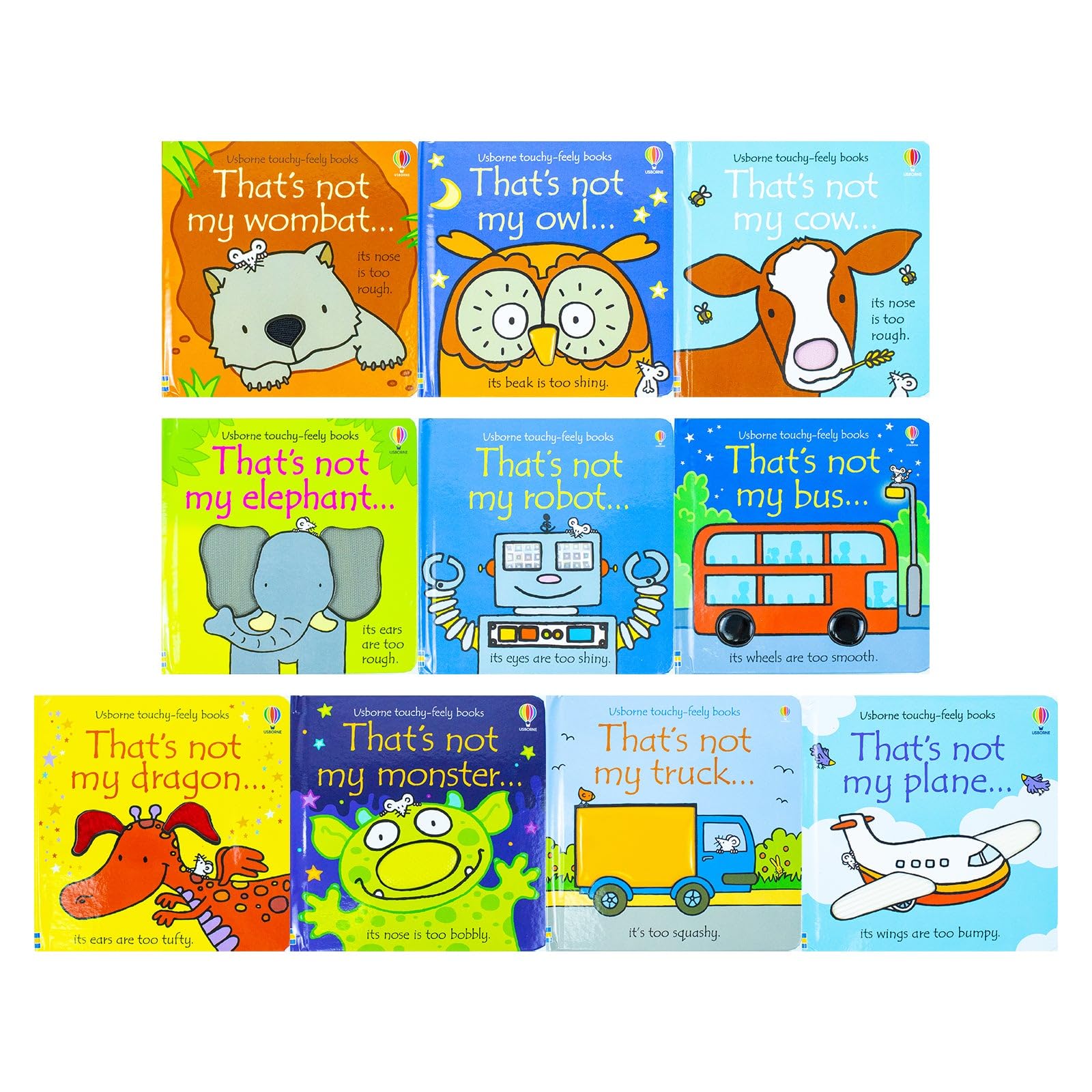 That's Not My 10 Books Collection Set by Fiona Watt - front covers of all ten touchy-feely board books fanned out, Ages 0-3