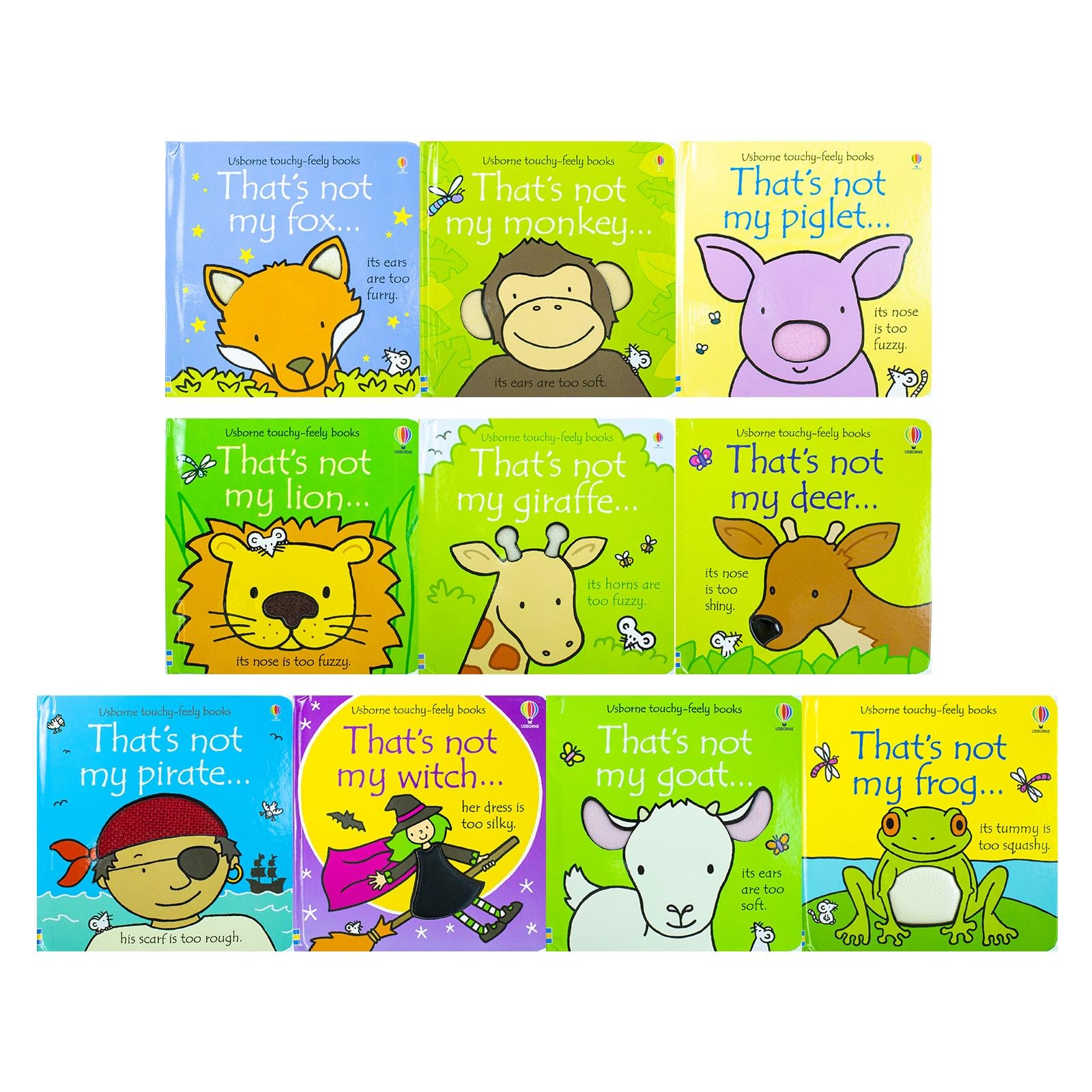 That's Not My Touchy-Feely Animals 10 Books Collection Set by Fiona Watt - front covers of the board books fanned out showing Fox, Monkey, Piglet, Lion, Giraffe, Deer, Pirate, Witch, Goat, and Frog