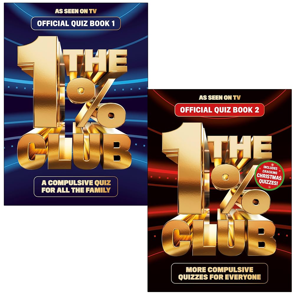 The 1% Club Official Quiz Book 1 and Book 2 paperback front covers by BBC Studios