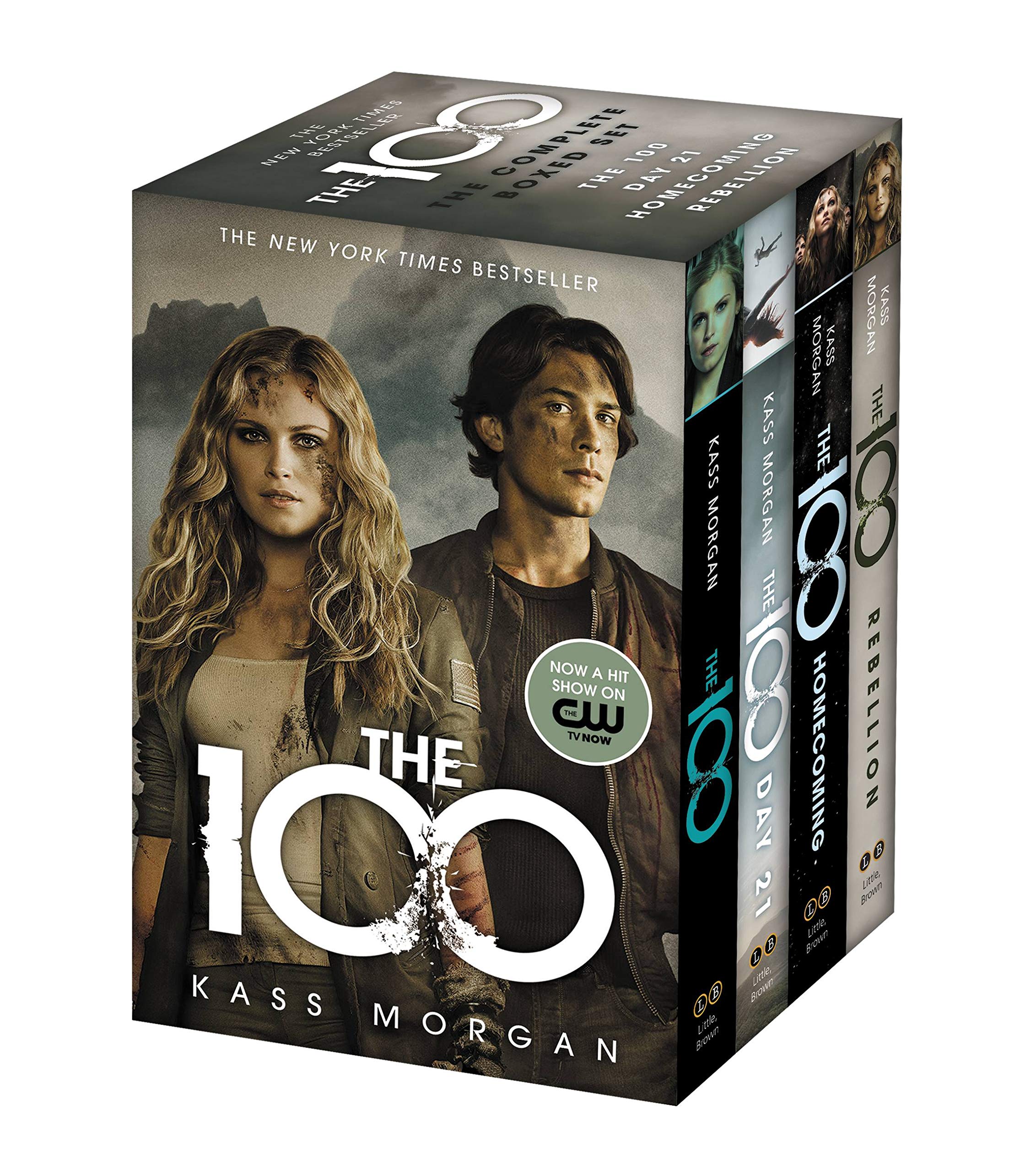 Front covers of The 100 Complete Boxed Set by Kass Morgan, showing all four paperback young adult novels.