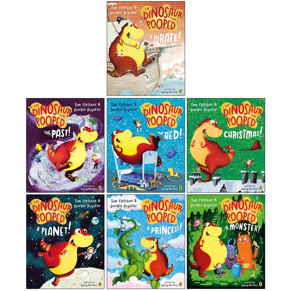 Front covers of The Dinosaur That Pooped 7-book paperback collection by Tom Fletcher, colorful dinosaur stories for ages 3-7