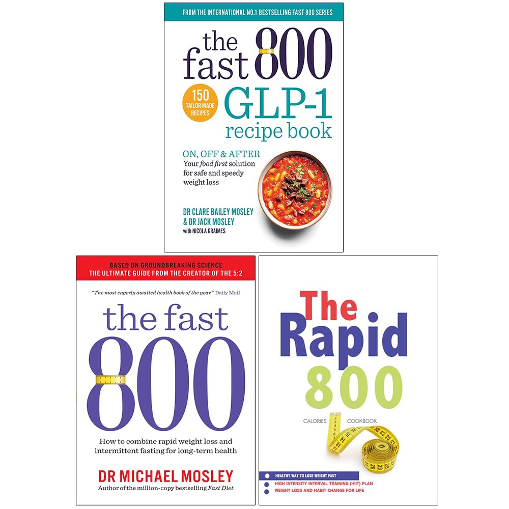 The Fast 800 3 Books Collection Set paperback front covers - GLP-1 Recipe Book, The Fast 800 and Rapid 800 Cookbook