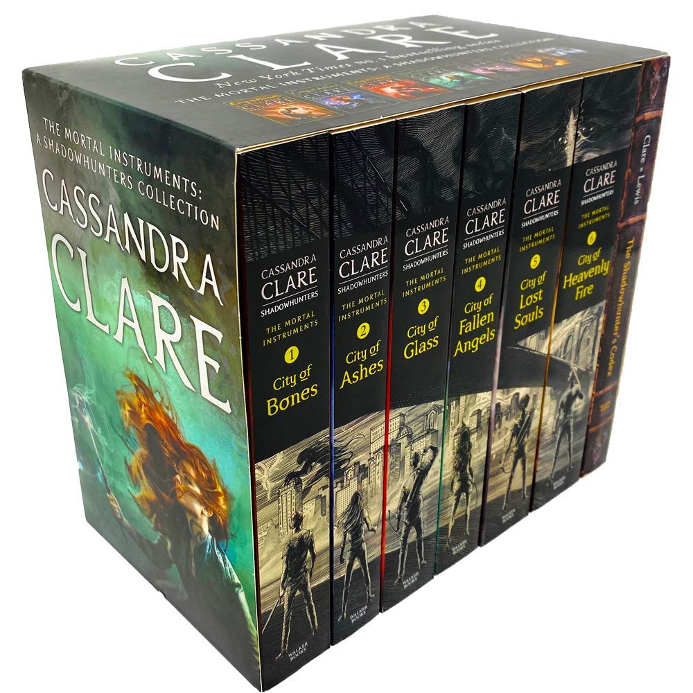 Front cover view of all seven paperback books in The Mortal Instruments collection by Cassandra Clare, including City of Bones and The Shadowhunter's Codex.