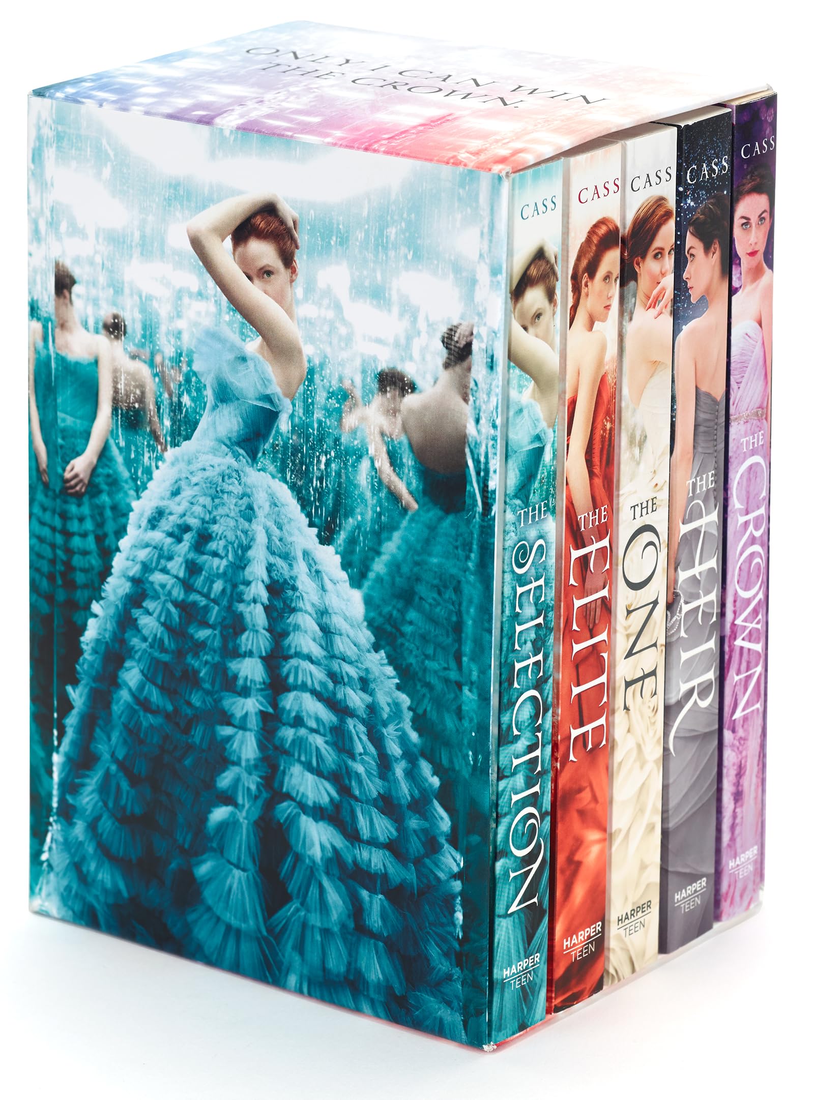 The Selection 5-Book Box Set by Kiera Cass paperback collection front cover, featuring The Selection, The Elite, The One, The Heir, and The Crown